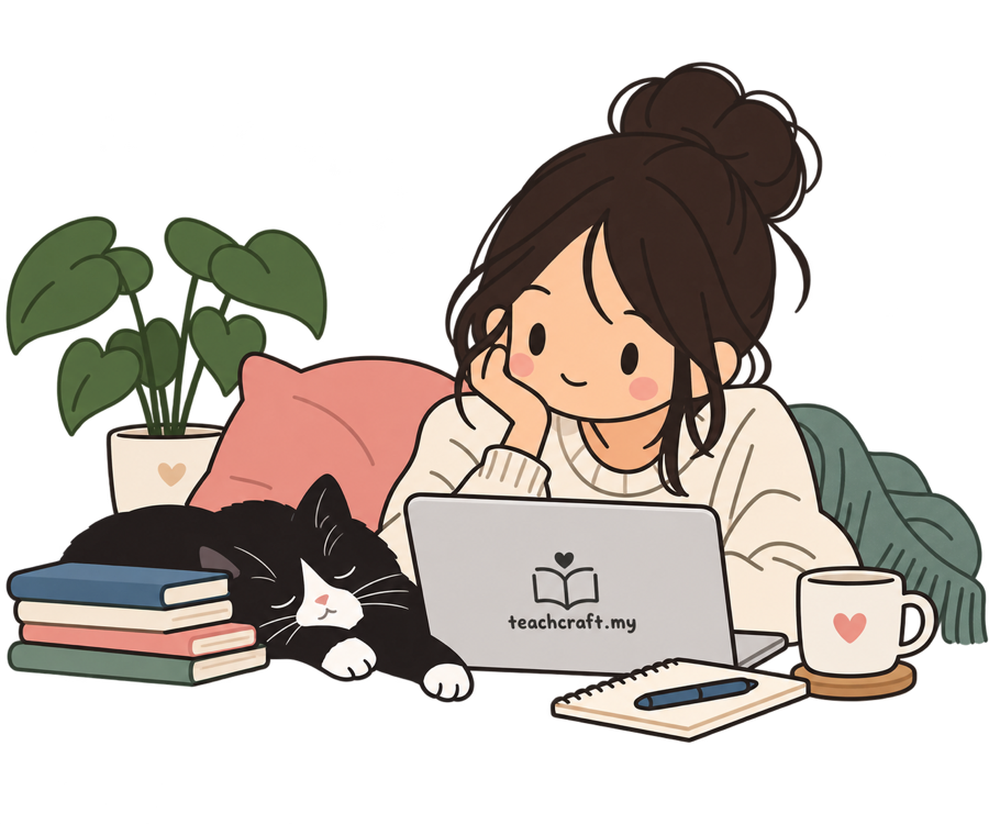 Illustration of a cozy study desk with a laptop, books, cup, and cat